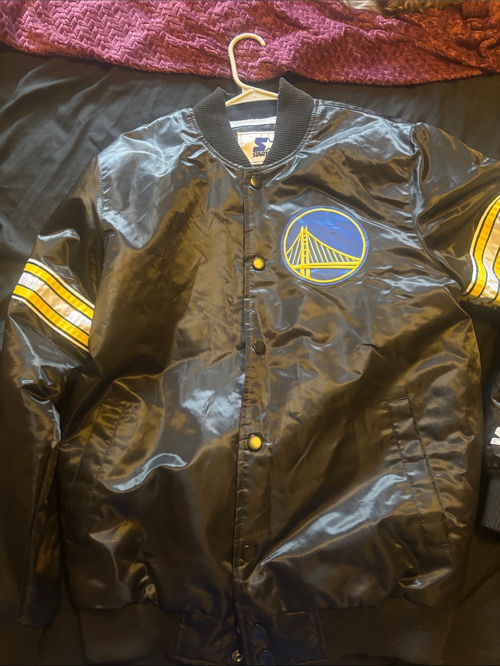 STARTER Black Satin Bomber Jacket with Yellow & Blue Team Patch